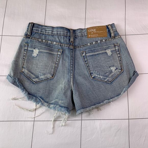 One Teaspoon Shorts Womens 25 Blue Bandits High Rise Distressed Raw Hem Ripped - Picture 2 of 10
